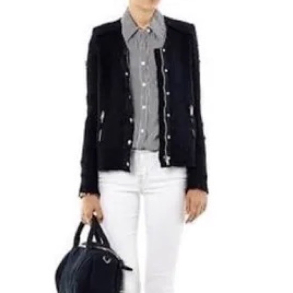 IRO Navy Blue Distressed Tweed Boucle Aggy Button Snap Zipper Jacket Size 8 - Picture 1 of 12